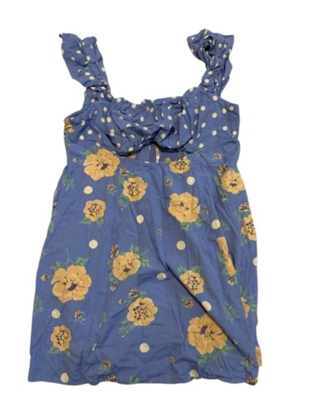 Free People Blue Yellow Floral Polka Dot Smocked Mini Dress XL